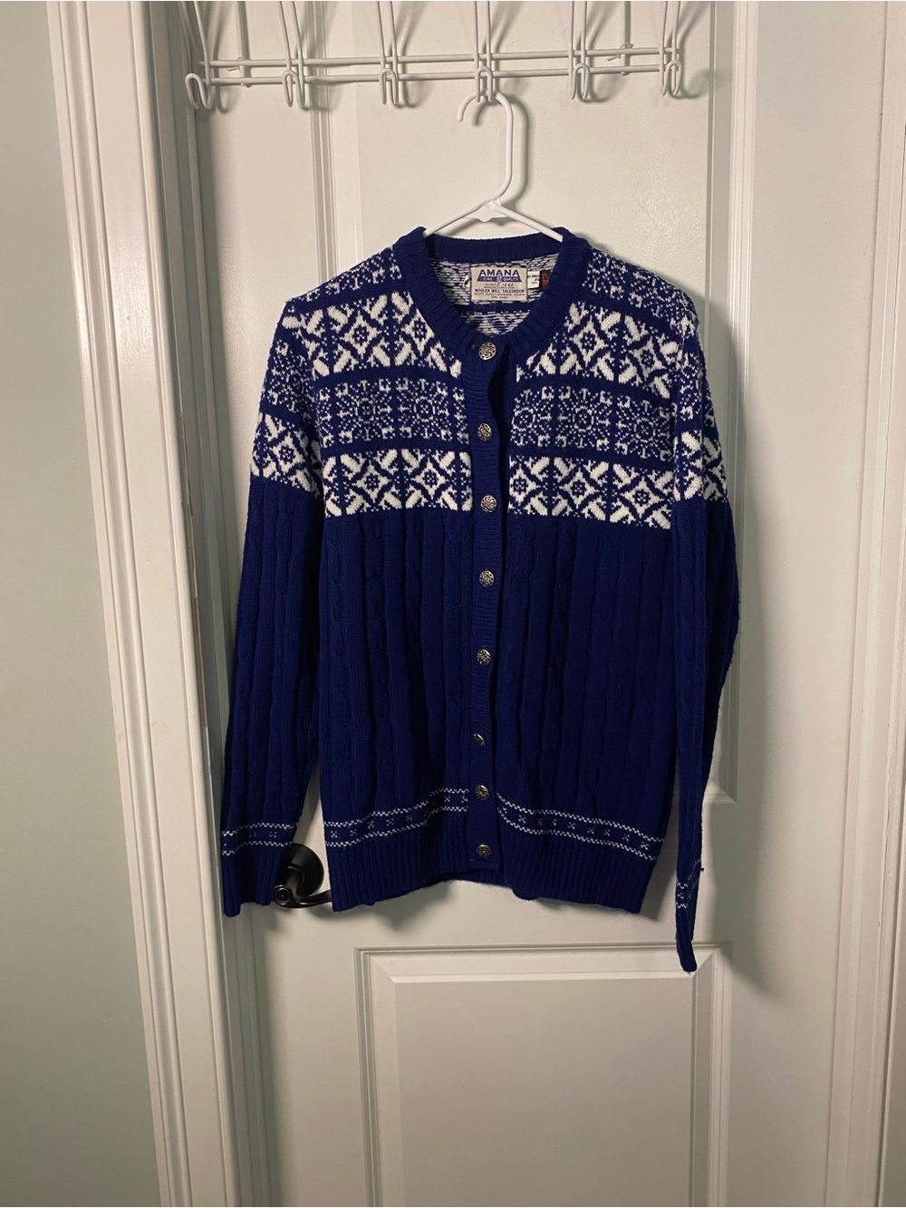 Amana Vintage Royal Blue and White Fair Isle Cable Cardigan